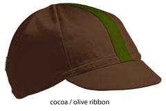 flatshot of our cocoa 4 panel cotton cap with an olive ribbon