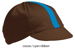 flatshot of our cocoa 4 panel cotton cap with a cyan ribbon