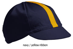 flat shot of our navy 4 panel cotton cap with schoolbus yellow ribbon
