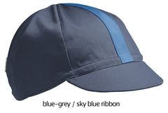flat shot of the 4-panel cotton cap in blue-grey with a sky blue ribbon