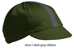 flat shot of the olive 4 panel cotton cap with dark grey ribbon