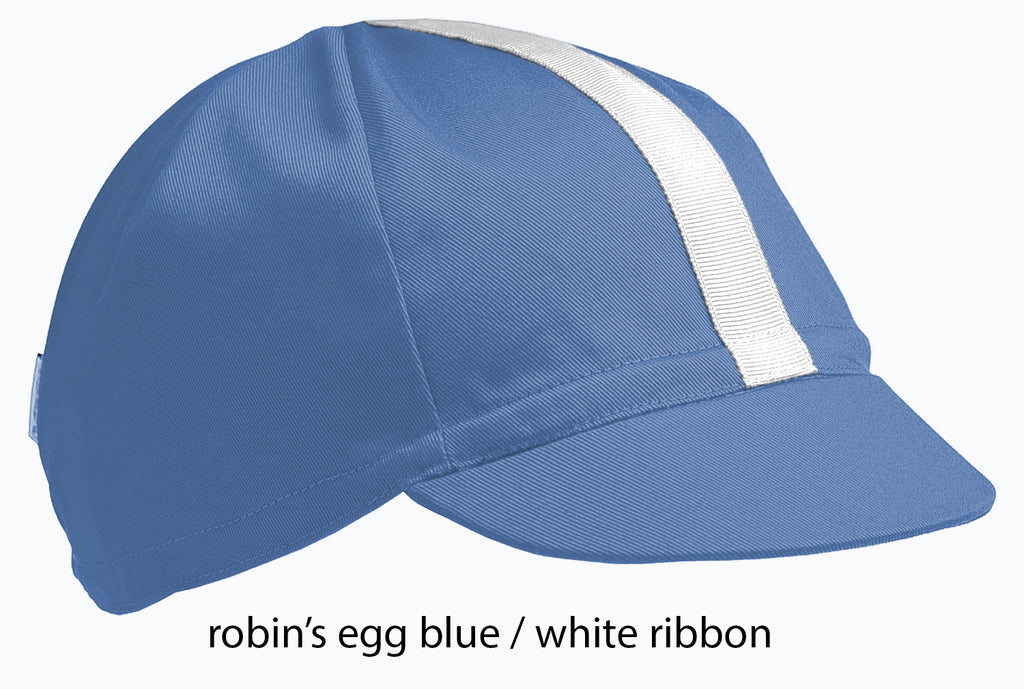 flat shot of the robin's egg blue 4 panel cap with white ribbon