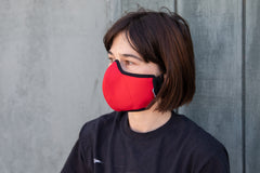roxy wearing the organic summer cotton mask in red