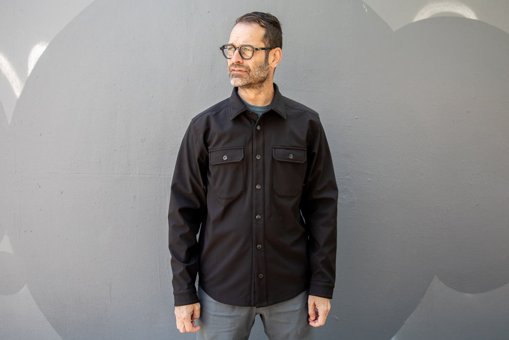 Matt wearing the 2019 winter shirt jacket in black size medium