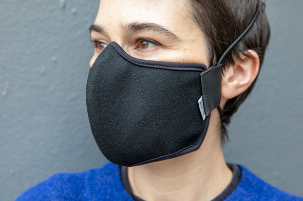 Roxy wearing the 3 layer black wool crepe mask in the adult fit.