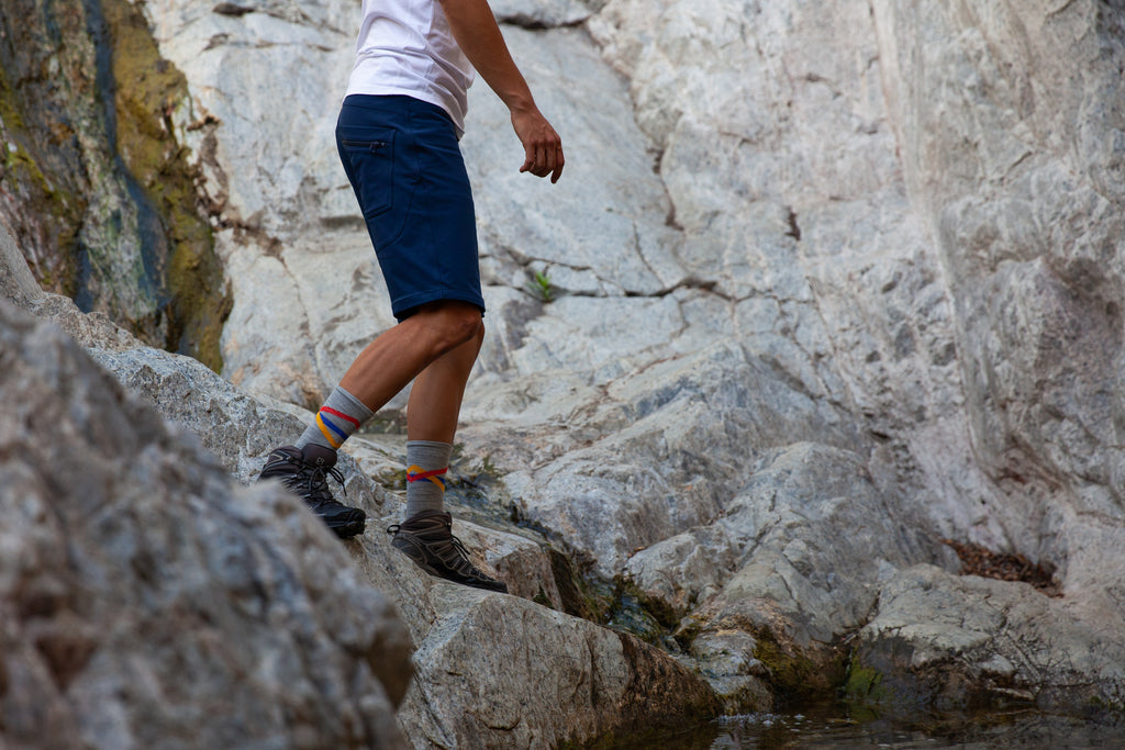 Andrew hiking in the TRANSVERSE regular shorts in blue