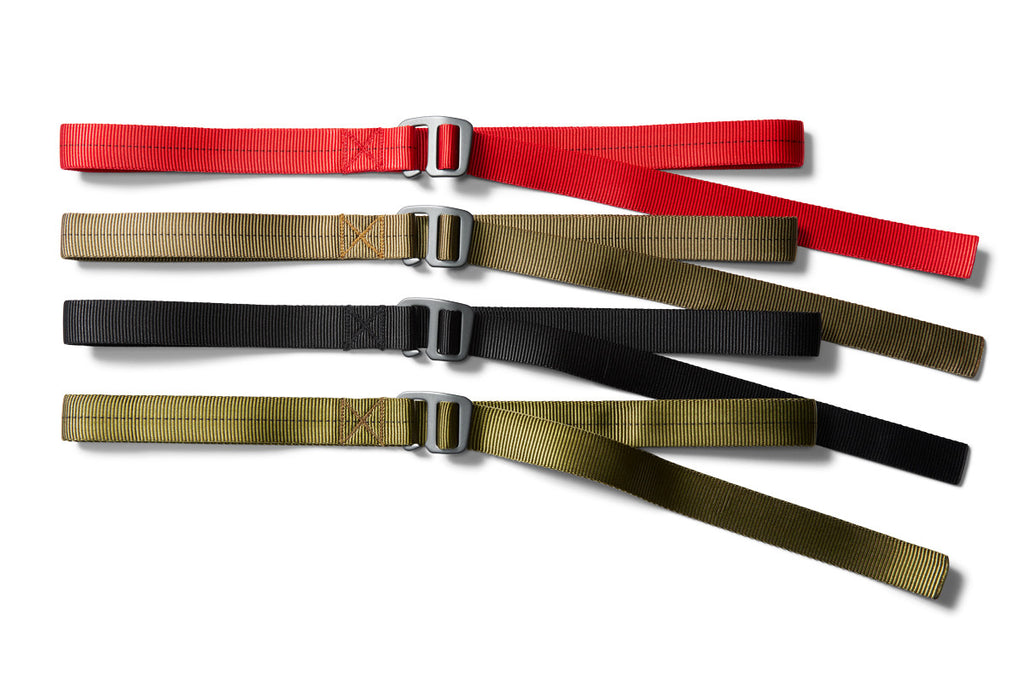 flat shot of the belts in howlin red, coyote, blacktop, and campout green.
