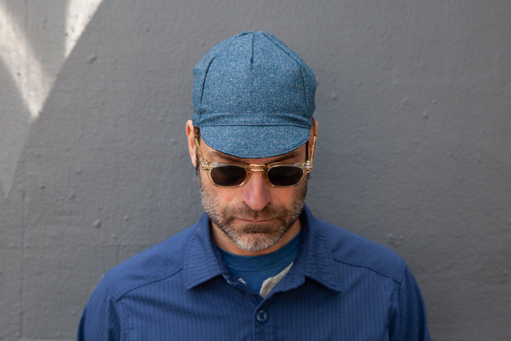 Matt is wearing the blue heather midweight wool/silk cap