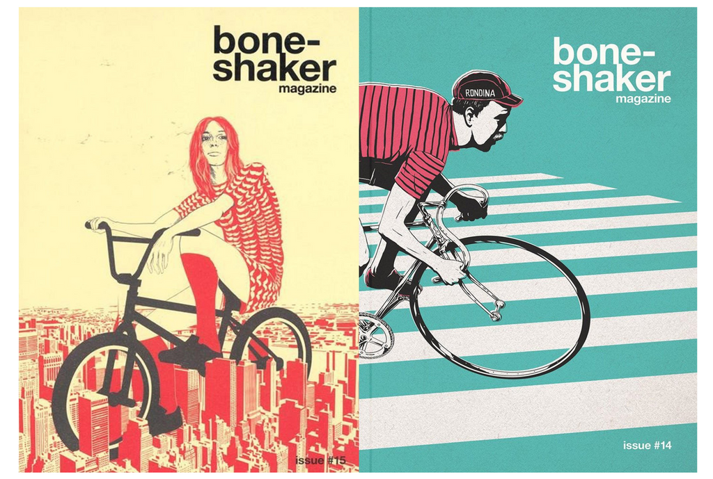 flatshot of the cover of Boneshaker magazine issue #15 and #14