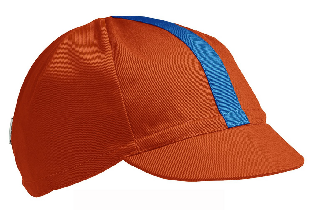 flat shot of the 4-panel cotton cap in burnt orange with a cyan ribbon