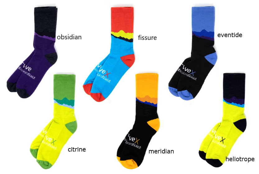 flat shot of all six of the swrve x the Collaborationist merino sock