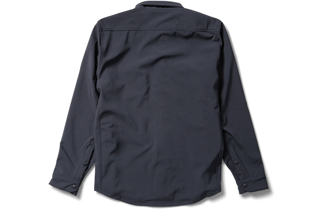 flat shot of the back of the 2019 winter shirt jacket in dark grey