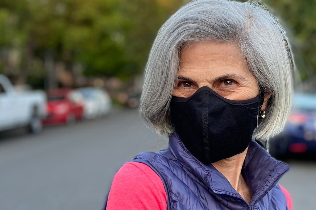 suzanne wearing the 4 layer ponti wool mask in black in the adult fit
